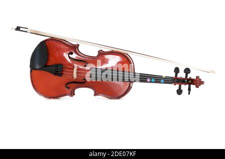 A viola and bow isolated against a white studio background. Stock Photo