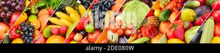 Panoramic collection fresh fruits and vegetables background. Collage. Wide photo . Stock Photo