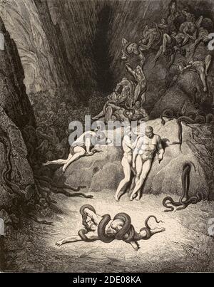 Dante Divina Commedia - Hell -  XXIV Canto - Metamorphosis  of thieves - VIII Circle - illustration by Gustave Dorè Stock Photo