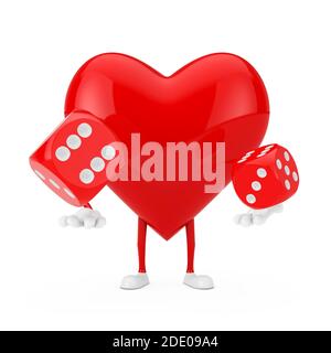 Red Heart Character Mascot with Red Game Dice Cubes in Flight on a white background. 3d Rendering Stock Photo