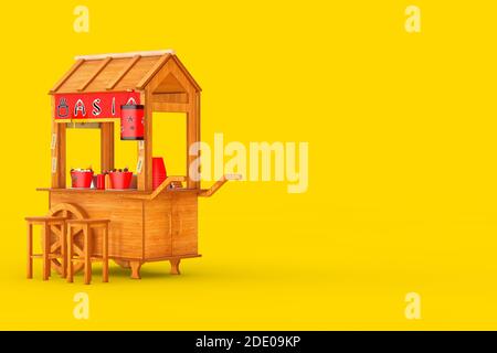Asian Wooden Street Food Meatball Noodle Cart with Chairs on a yellow background. 3d Rendering Stock Photo