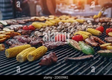 grilled vegetable and meat on barbecue at food fest or festival outdoor Stock Photo