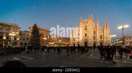 Milan, Lombardy, Italy - January 2019: Piazza del Duomo in Milan at dusk in the evening Stock Photo