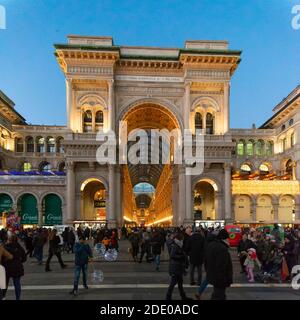 Milan, Lombardy, Italy - January 2019: The Vittorio Emanuele Gallery at dusk in the evening Stock Photo