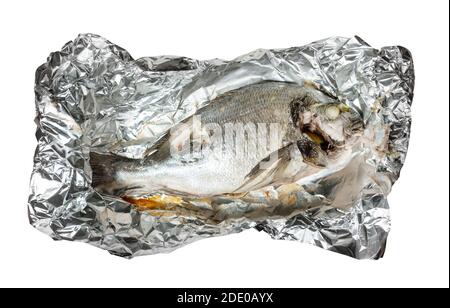 top view of Orata fish baked in foil cut out on white background Stock Photo