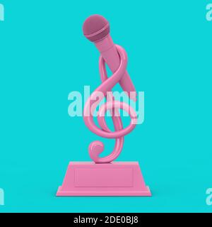 Pink Music Treble Clef with Microphone Award Trophy in Duotone Style on a blue background. 3d Rendering Stock Photo