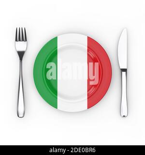 Italy Food or Cuisine Concept. Fork, Knife and Plate with Italian Flag on a white background. 3d Rendering Stock Photo