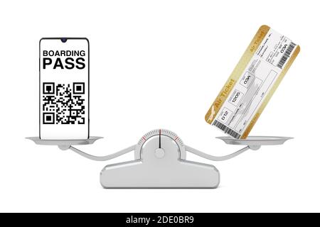 Mobile hone with Boarding Pass Application with Two Golden Business or First Class Airline Boarding Pass Fly Air Tickets on a Balanca Scale on a white Stock Photo