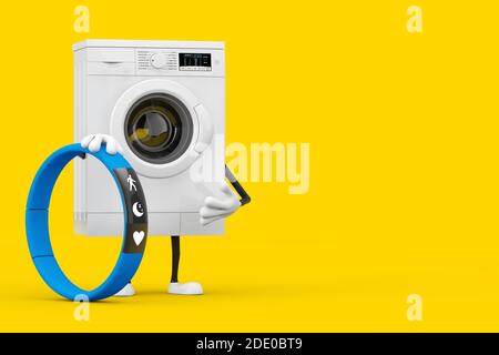 Modern White Washing Machine Character Mascot with Blue Fitness Tracker on a yellow background. 3d Rendering Stock Photo