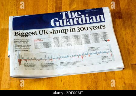 Guardian headline of 26 November 2020 reports on the biggest UK economic slump in 300 years. Stock Photo