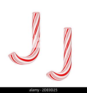 Letter J Mint Candy Cane Alphabet Collection Striped in Red Christmas Colour on a white background. 3d Rendering Stock Photo