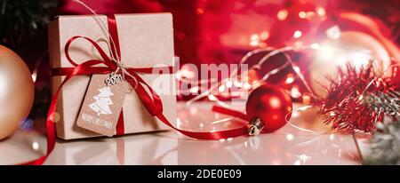 christmas background with balls, christmas gift and decorations, merry christmas Stock Photo