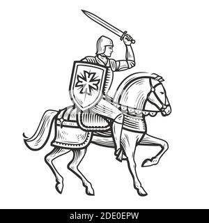 Knight in armor on horseback. Medieval heraldry symbol vector illustration Stock Vector