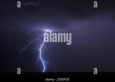 Lightning bolt strike from a thunderstorm near Kim, Colorado Stock Photo