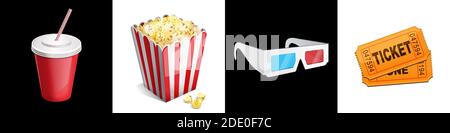 Cinema icon set 3d glasses, ticket, soda, popcorn Stock Vector