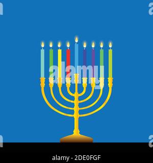 Happy Hanukkah, Jewish Festival of Lights scene with people, happy families with children. Background with menorah (traditional candelabra) and candle Stock Vector