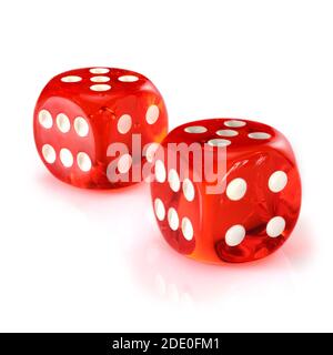 Red acrylic transparent dice for games. Two gambling translucent dices isolated on white background, macro close up high resolution. Stock Photo