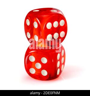 Red acrylic transparent dice for games. Two gambling translucent dices one on top of the other, isolated on white background, macro close up high reso Stock Photo
