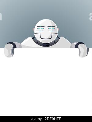 Cartoon robot stand behind blank poster space for text. White cyborg character holding empty white board for presentation. Robotic information banner Stock Vector