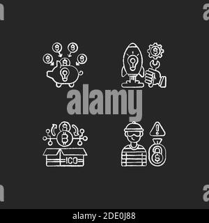 Different money types crowdfunding chalk white icons set on black background Stock Vector