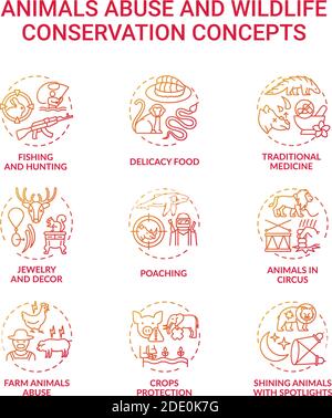 Animal abuse and wildlife conservation red gradient concept icons set Stock Vector