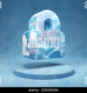 Lock icon. Cracked blue Ice Lock symbol on blue snow podium. Social Media Icon for website, presentation, design template element. 3D render. Stock Photo