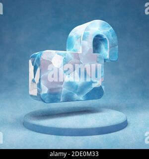 Lock Open icon. Cracked blue Ice Lock Open symbol on blue snow podium. Social Media Icon for website, presentation, design template element. 3D render Stock Photo