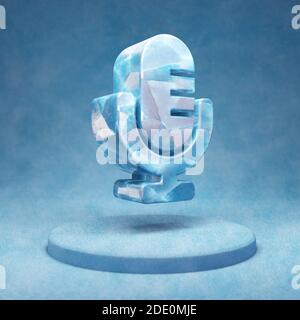 Retro Microphone icon. Cracked blue Ice Retro Microphone symbol on blue snow podium. Social Media Icon for website, presentation, design template elem Stock Photo
