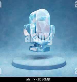 Microphone icon. Cracked blue Ice Microphone symbol on blue snow podium. Social Media Icon for website, presentation, design template element. 3D rend Stock Photo