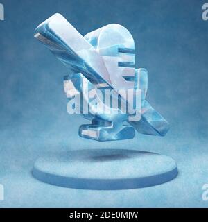 Retro Microphone Slash icon. Cracked blue Ice Retro Microphone Slash symbol on blue snow podium. Social Media Icon for website, presentation, design t Stock Photo