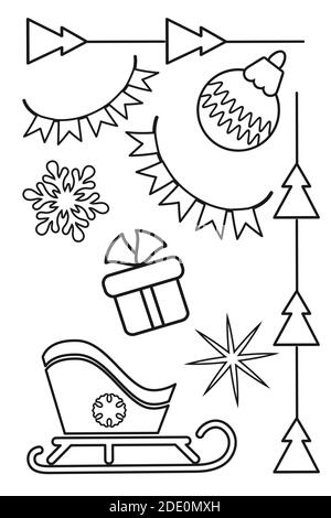 Christmas outline decoration set, card templates elements, coloring page collection. Line style illustrations of ball, garland, sledge, gift box Stock Vector