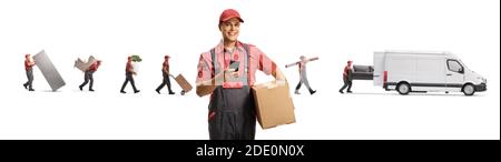 Male courier in a uniform with a box and a mobile phone and workers with a movers van isolated on white background Stock Photo