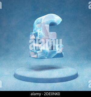 Pound icon. Cracked blue Ice Pound symbol on blue snow podium. Social Media Icon for website, presentation, design template element. 3D render. Stock Photo