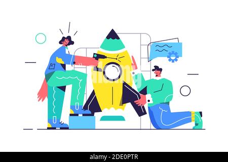 A guy and a girl are preparing a rocket for launch Stock Vector