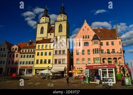 Market square with Stadtkirche in Wittenberg, Germany Stock Photo