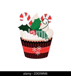 Christmas cupcake with mistletoe and candy - cute winter sweets food. Stock Vector