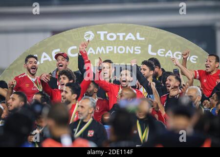 Cairo, Egypt. 27th Nov, 2020. Al Ahly players celebrate after winning the African Champions League Final soccer match against Zamalek at Cairo International Stadium. Credit: Samer Abdallah/dpa/Alamy Live News Stock Photo