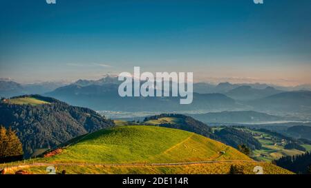 View of Alp Scheidegg and the mountains of Glarus. Picture taken in the Zurich Oberland. Beautiful hills and mountain scenery. Fantastic foresight. Stock Photo