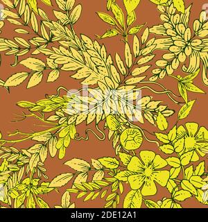 Floral ornament. Plexus of branches and leaves of trees, shrubs and herbs. Decorative and wild flowers. Seamless. Beautiful summer, spring composition Stock Vector