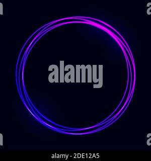 Neon circle design. Futuristic frame effect. Vibrant color element. Glowing ring template. Purple electric light. Modern neon loop. Vector Stock Vector