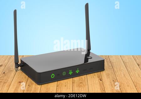 Wireless internet router on the wooden planks, 3D rendering Stock Photo