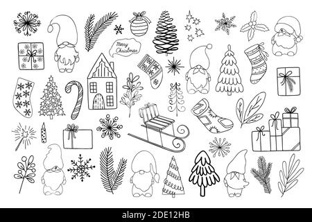 Christmas elements set trees, gifts, stockings, candy cane, snowflakes, gnomes hand drawn in simple outline doodle style for winter holidays greeting cards, invitations, banners, decor, stickers Stock Vector