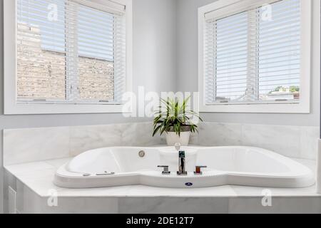 A jacuzzi tub in a luxury bathroom surrounded by windows and a plant sitting on the marble tile. Stock Photo
