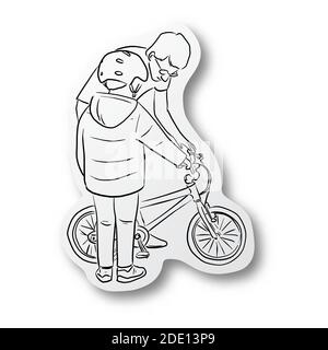 Vector black line hand drawn of father teaching his son to ride a bicycle on cut paper with shadow isolated on white background Stock Vector