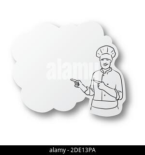Vector black line hand drawn of male chef presenting on speech bubble shape cut paper with shadow isolated on white background Stock Vector