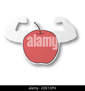 Vector black line hand drawn of red apple on muscle arms shape cut paper with shadow isolated on white background. Power of vitamins diet concept. Stock Vector