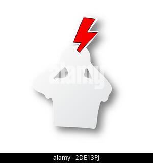 Vector black line hand drawn of red thunder on headache human shape cut paper with shadow isolated on white background. Health concept. Stock Vector