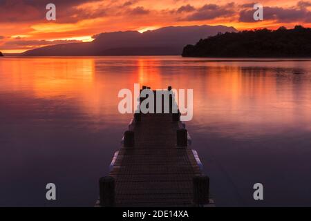 Lake Tarawera at sunrise, Rotorua, North Island, New Zealand, Pacific Stock Photo