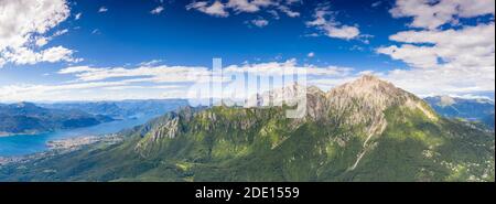 Aerial view of Grigne mountains with Abbadia Lariana and Mandello Del Lario in the background, Lake Como, Lecco, Lombardy, Italy, Europe