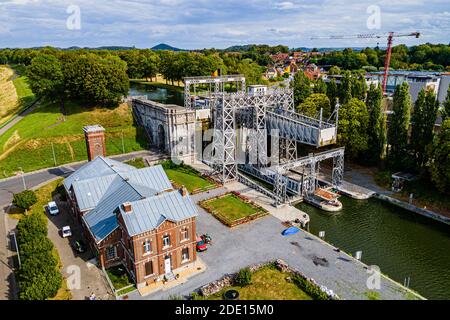 Aerial of Houdeng-Goegnies Lift No 1, UNESCO World Heritage Site, Boat Lifts on the Canal du Centre, La Louviere, Belgium, Europe Stock Photo
